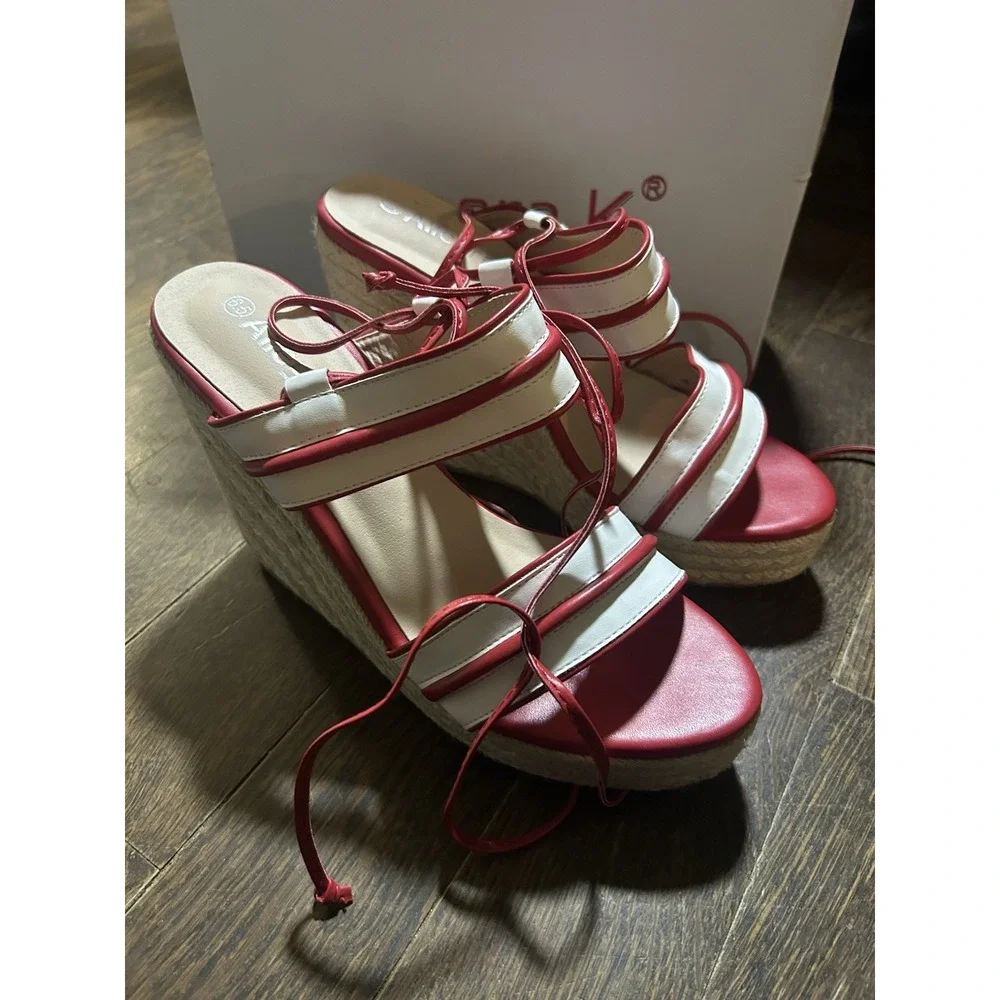 Allegra K Women's Espadrille Wedges 8.5  Striped Ankle Tie  Red And White‎ NEW